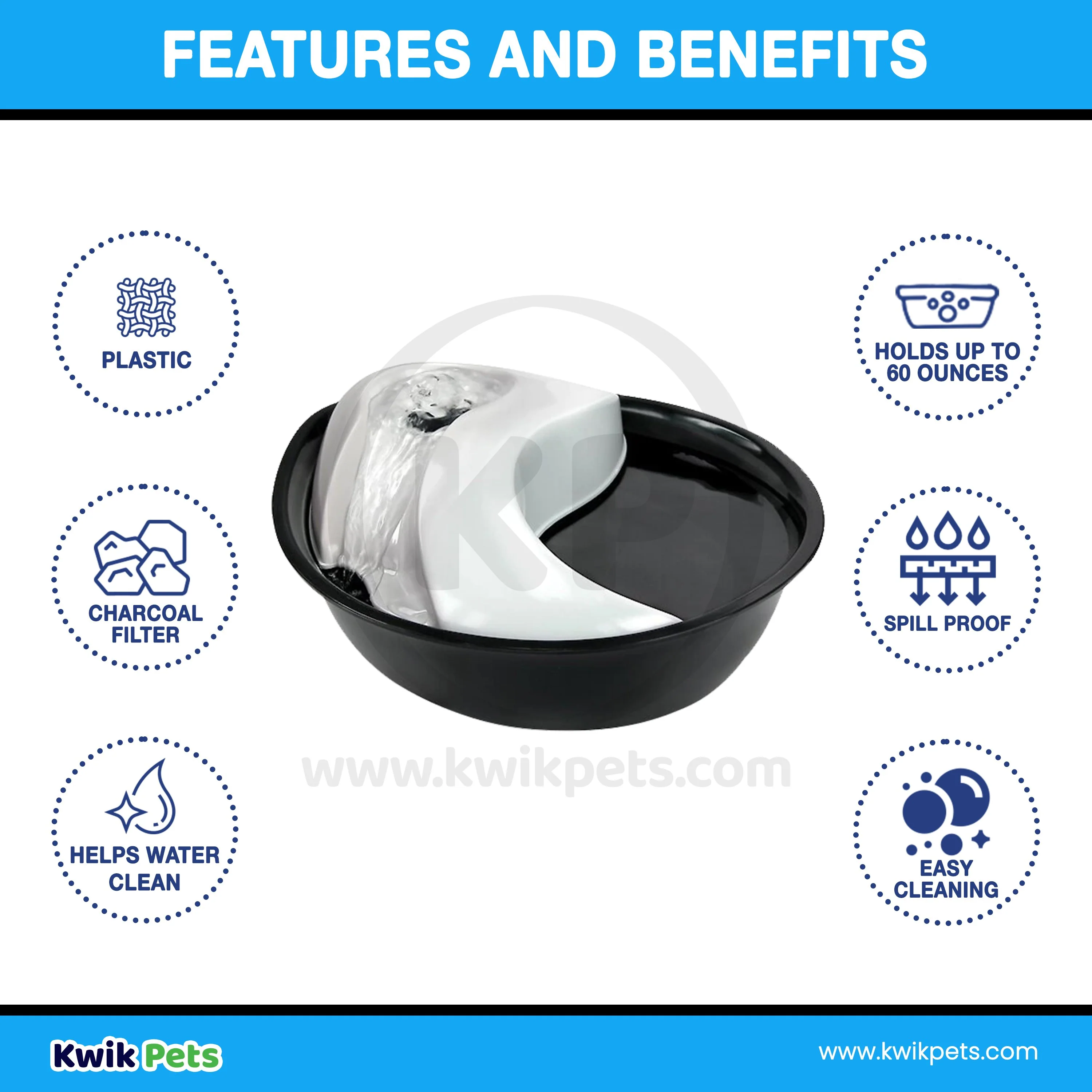 Pioneer Pet Raindrop Design Plastic Dog & Cat Drinking Fountain Black & White 60-oz - Image 5