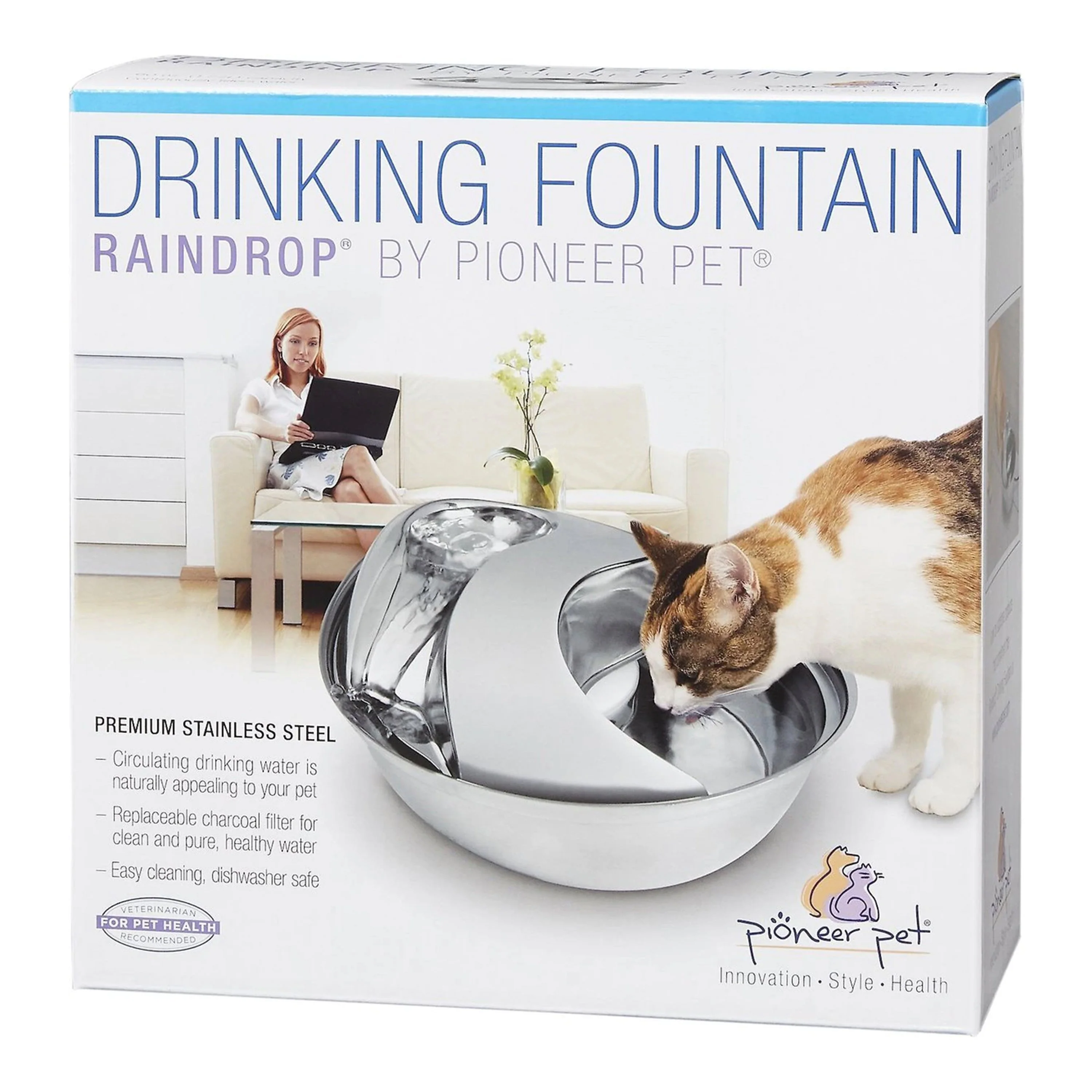 Pioneer Pet Raindrop Stainless Steel Dog & Cat Drinking Fountain 60-oz