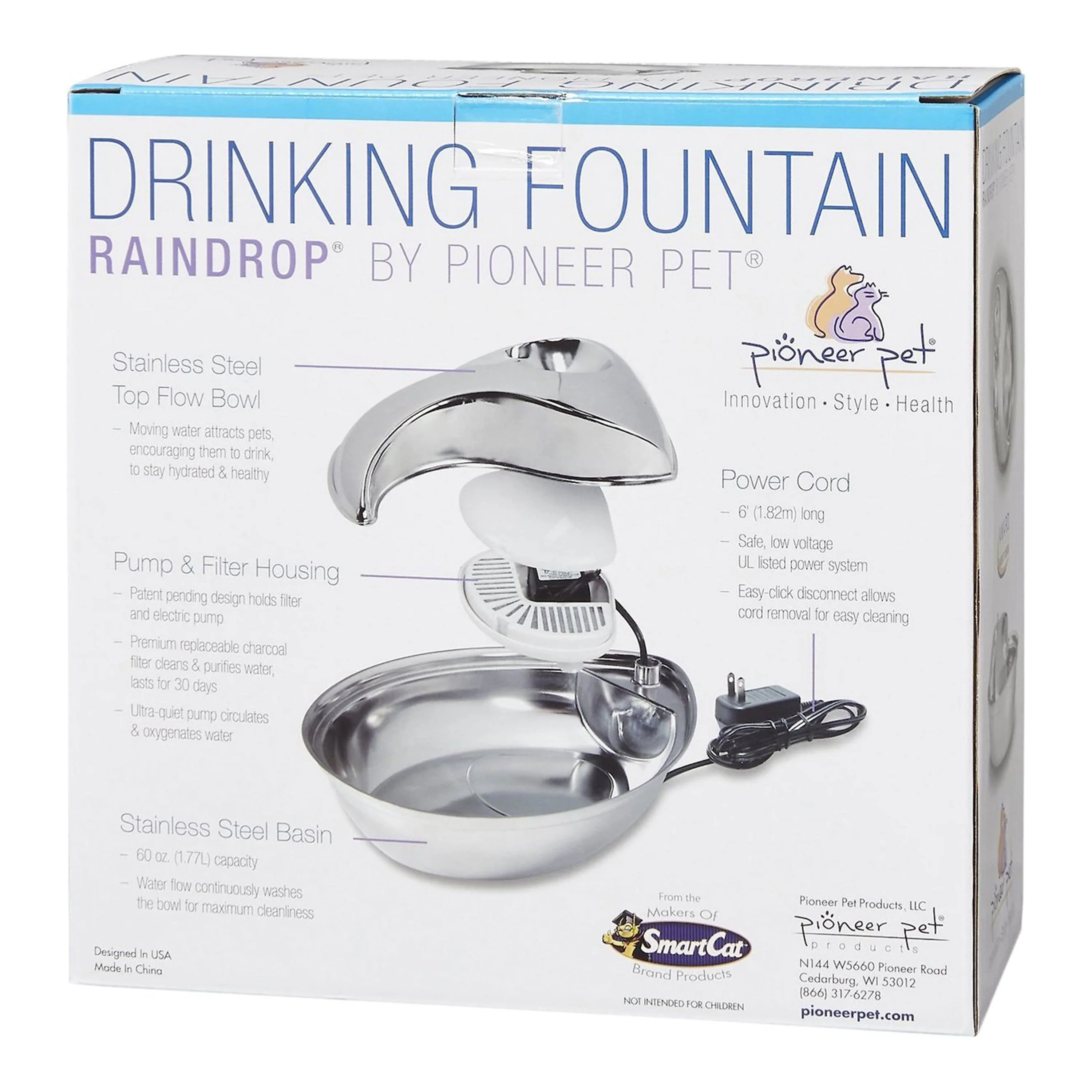 Pioneer Pet Raindrop Stainless Steel Dog & Cat Drinking Fountain 60-oz - Image 2