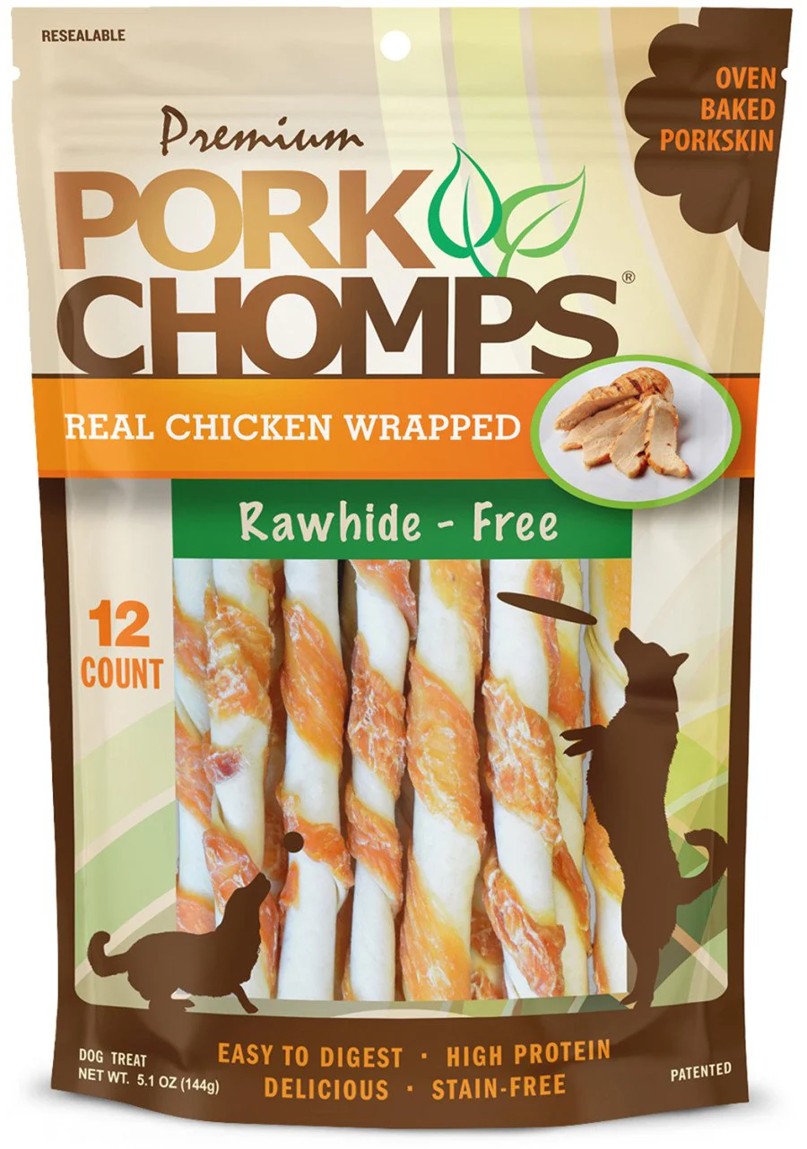 Scott Pet Premium Pork Chomps Mini Twist Dog Treats Real Chicken Wrapped 12 Count 5.1-oz