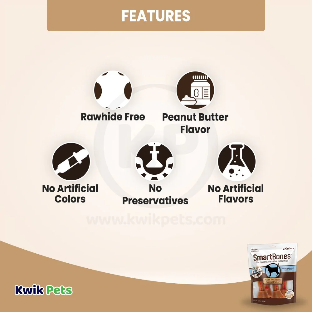 SmartBones Artificial-Free Medium Classic Bone Chews Dog Treat Peanut Butter 4 Count 11-oz - Image 3