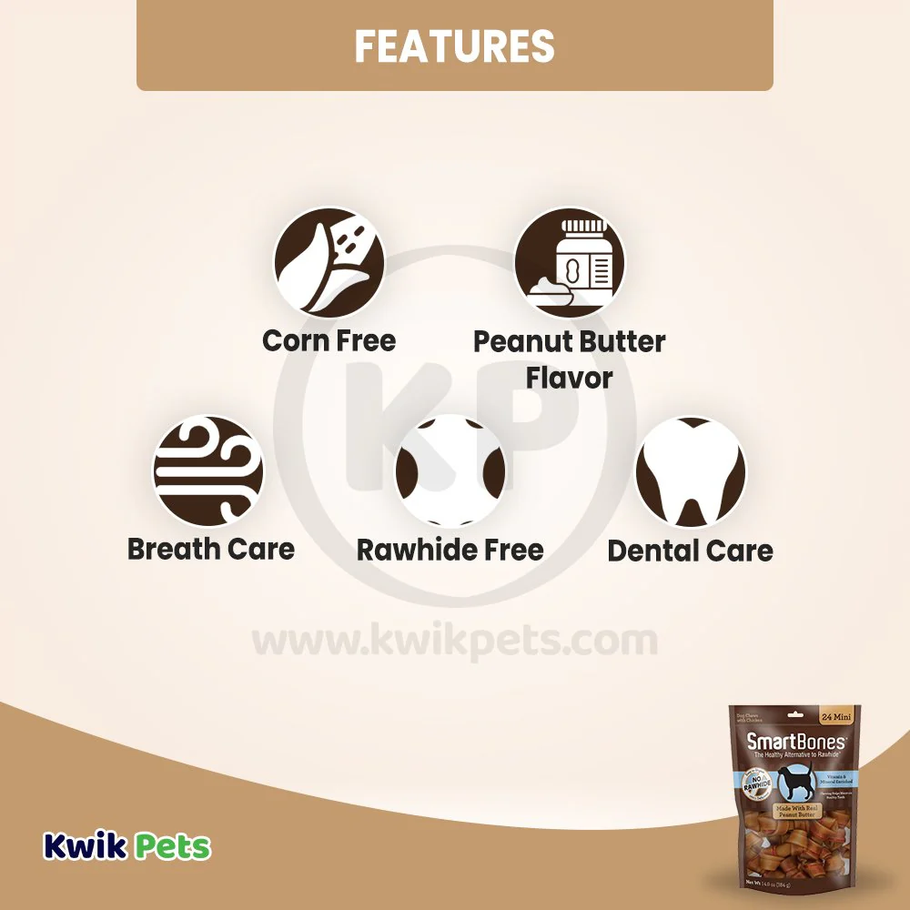SmartBones Mini Classic Bone Chews Dog Treat Peanut Butter 24 Count 14-oz - Image 3