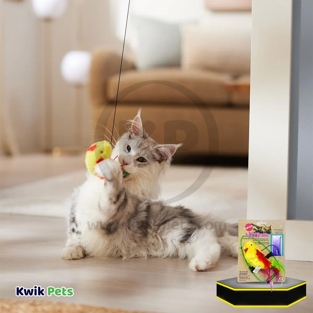 Spot A-Door-Able Bouncing Plush Bird with Feather Tail Cat Toy Multicolor 4.5-in - Image 6