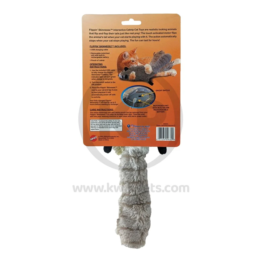 Skinneeez Flippin' Electronic Cat Toy Racoon with Catnip 15-in - Image 2