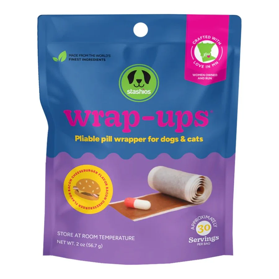 Stashios Wrap-Ups Pill Wrapper Treats for Dogs & Cats Bacon Cheeseburger Flavor 30 Count 2-oz