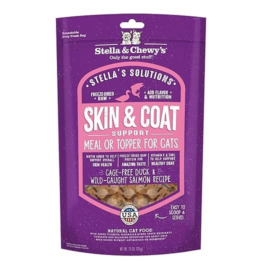 Stella & Chewy's Stella's Solutions Freeze-Dried Raw Skin & Coat Support Cat Food Cage-Free Duck & Wild-Caught Salmon Recipe 7.5-oz