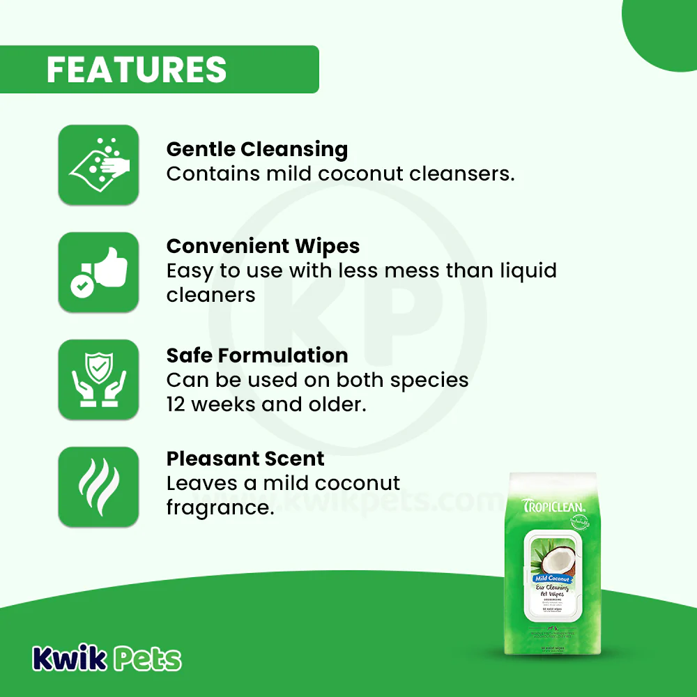 TropiClean Mild Coconut Deodorizing Ear Cleaning Wipes for Dogs & Cats 50 Count - Image 3