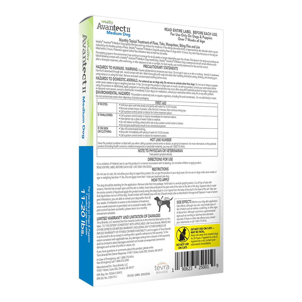 Vetality Avantect II Flea & Tick for Medium Dogs 11-20 lbs 4 Count 0.164-oz - Image 2