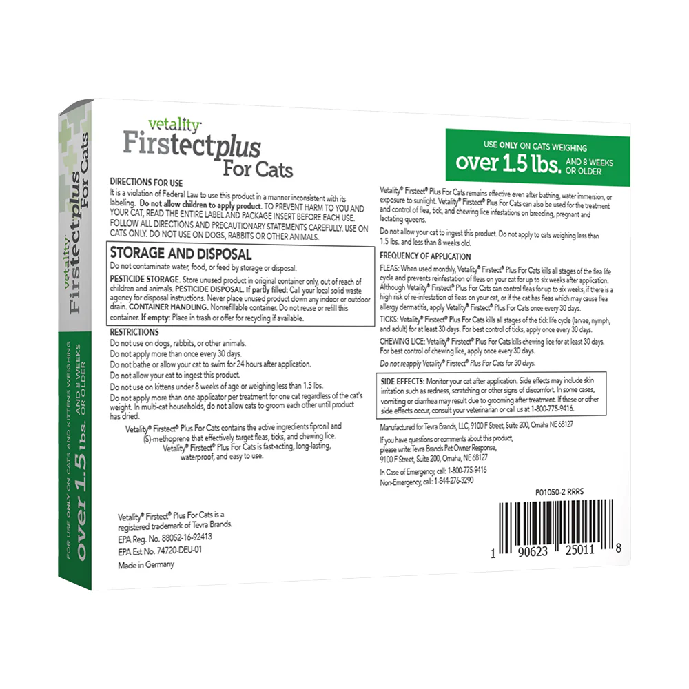 Vetality Firstect Plus Flea & Tick Treatment for Cats 3 Count - Image 2