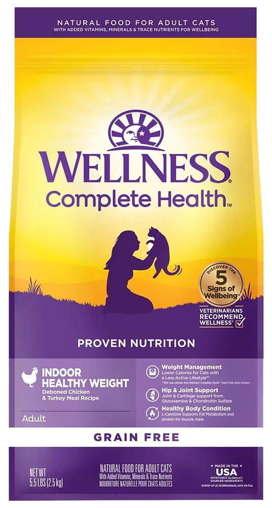 Wellness Complete Health Grain-Free Indoor Healthy Weight Adult Dry Cat Food Deboned Chicken & Turkey Meal Recipe 5.5-lb