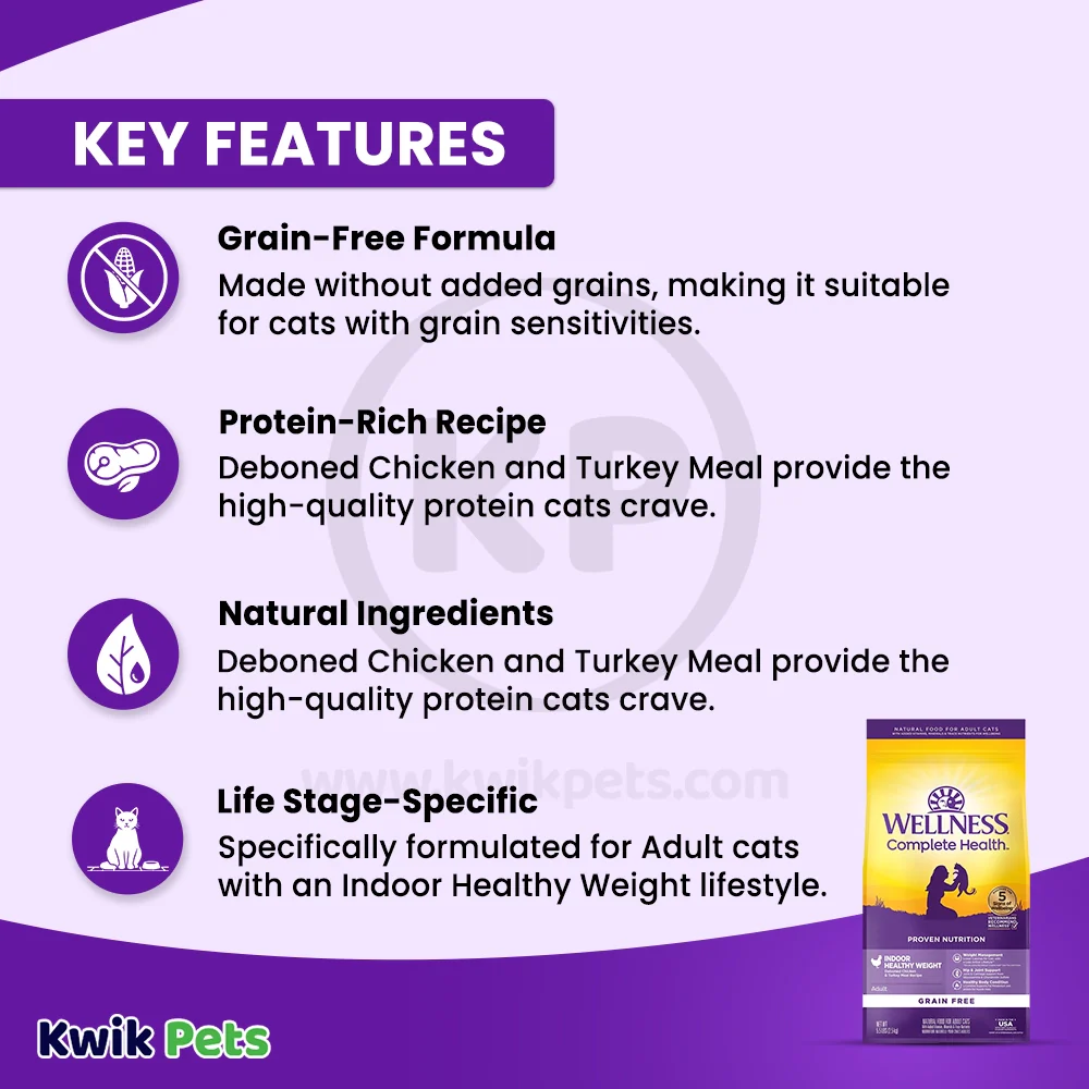 Wellness Complete Health Grain-Free Indoor Healthy Weight Adult Dry Cat Food Deboned Chicken & Turkey Meal Recipe 5.5-lb - Image 4