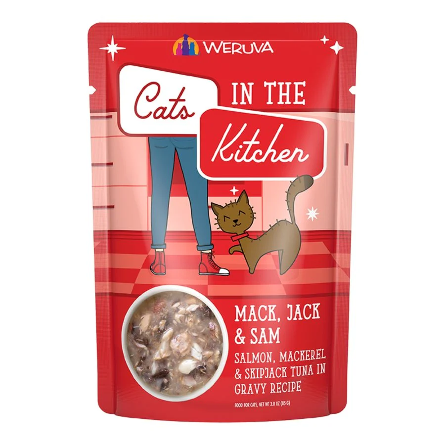 Weruva Cats in the Kitchen Mack, Jack & Sam Wet Cat Food Salmon, Mackerel & Skipjack Tuna in Gravy Recipe 3-oz