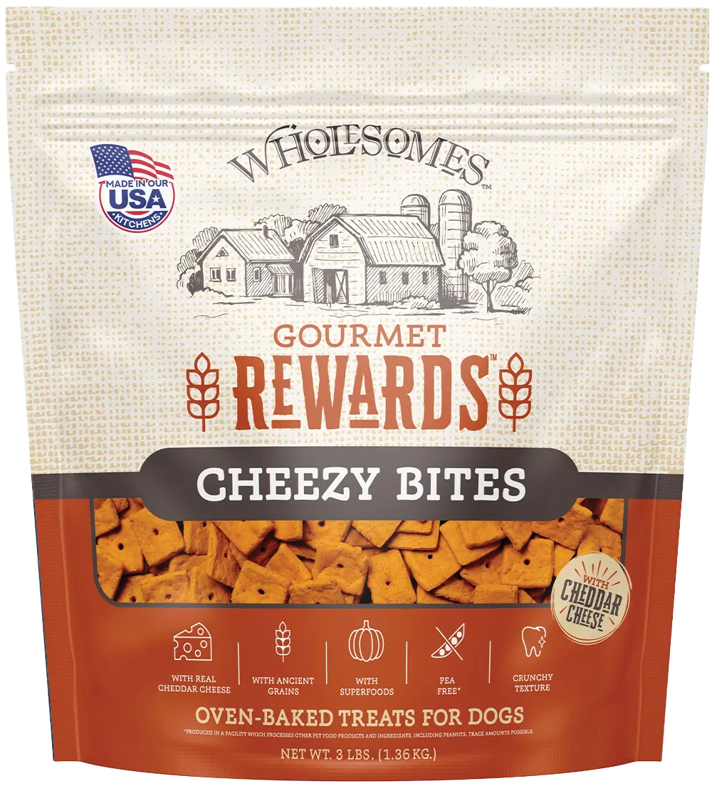 Wholesomes Gourmet Rewards Cheezy Bites Biscuits Oven-Baked Dog Treats Cheddar Cheese 3-lb