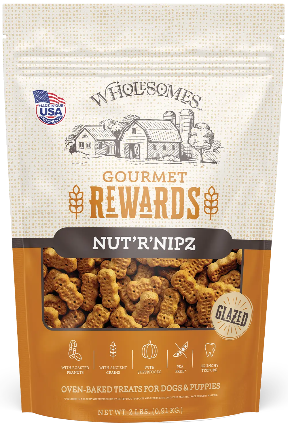 Wholesomes Gourmet Rewards Nut'R'Nipz Biscuits Oven-Baked Dog Treats Peanut Butter 2-lb