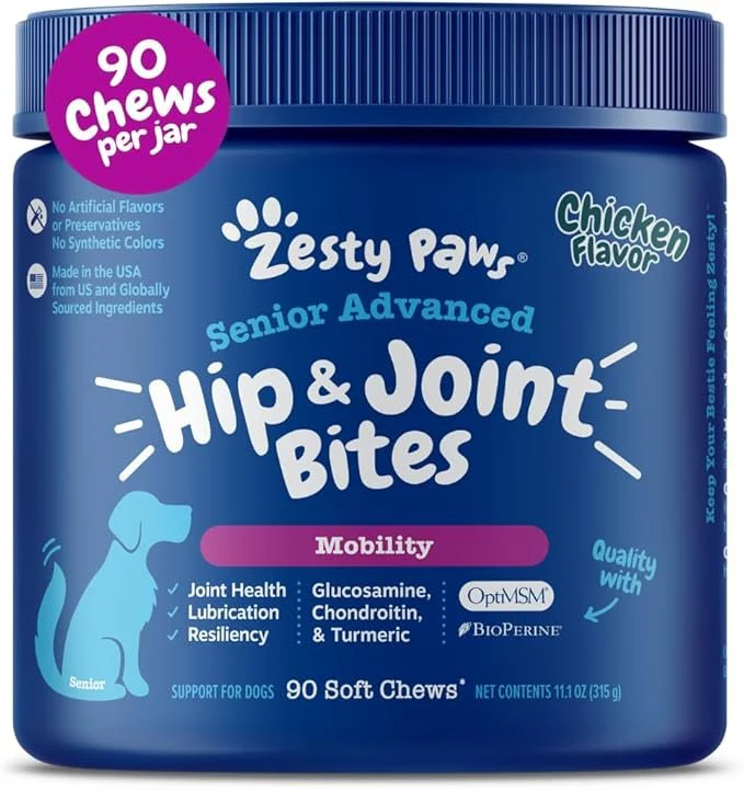 Zesty Paws Senior Advanced Hip & Joint Bites Soft Chew for Dogs Chicken 90 Count 11.1-oz