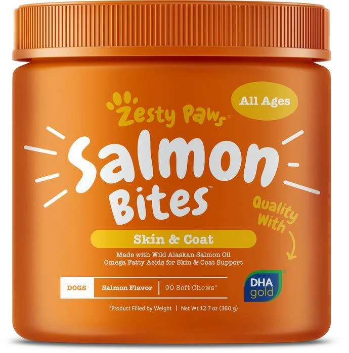Zesty Paws Skin & Coat Bites Salmon Oil Soft Chews Supplement for Dogs Salmon Flavor 90 Count 11.1-oz